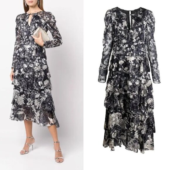 Marchesa Notte Floral-Print Tiered Midi Dress in Navy 14 - Picture 1 of 12